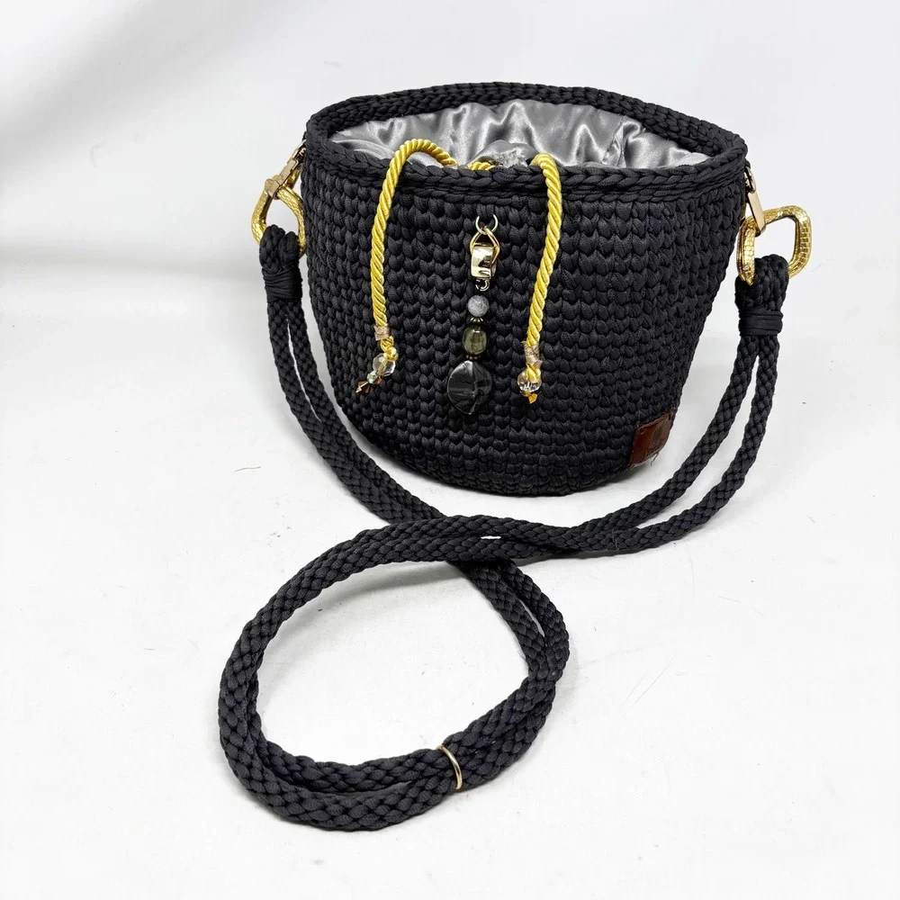 Saeli‎ Handmade Crochet Bucket Bag Charcoal Gray Drawstring Satin Lined Beaded